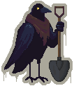 Raven holding a shovel and ready to build trails